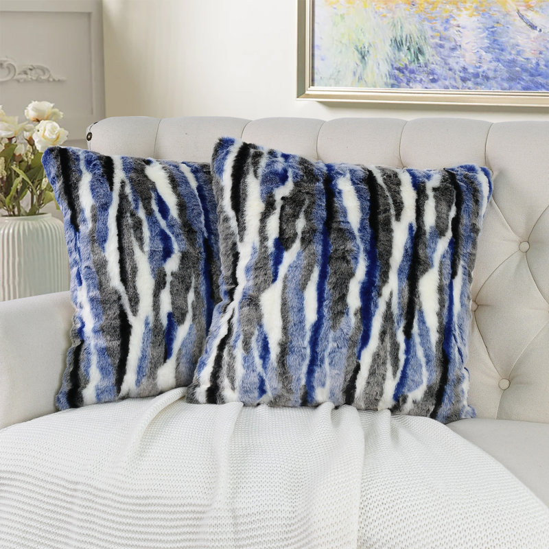 Multi Jacquard Faux Fur Euro Pillow Cover, Blue, 26" x 26"
