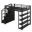 Lit mezzanine double en métal avec tablettes de rangement, armoires et garde-robe, lit mezzanine peu encombrant avec garde-corps et escalier