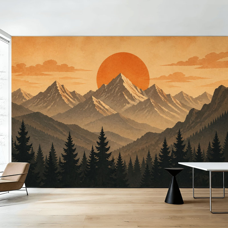 Papier peint adhésif pelez et collez Silhouette forêt de montagne, coucher de soleil, ton de terre, art mural auto-adhésif et amovible