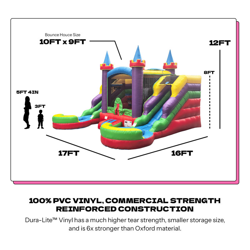 POP JUMP 16'x15'x12' Crossover Rainbow Castle Inflatable Bounce House with Dual Slide & Pool, Includes Blower