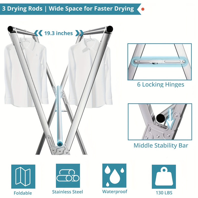 Séchoir à linge pliable en acier inoxydable JOYBOS, séchoir à linge robuste en forme de X, serviette intérieure et extérieure peu encombrante, séchoir à vêtements et literie (comprend des crochets coupe-vent et des pinces à chaussettes)