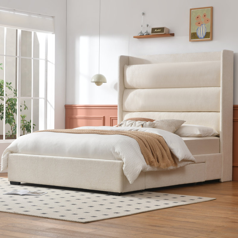 Upholstered Platform Storage Bed with High Backrest and Two Large Solid Wood Drawers, Cream, Queen