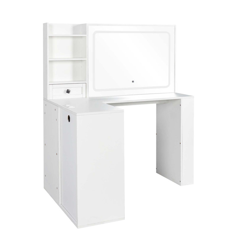 Bureau de coiffeuse avec lumières, coiffeuse de maquillage avec barre d'alimentation, ensemble de coiffeuse avec 3 grands tiroirs, miroir de coiffeuse 3 lumières de couleur réglables