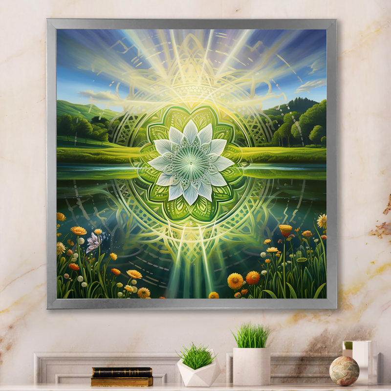 Mandala lumineux brillant dans un paysage de paradis I - impression, H 30 po x l 30 po x P 1 po, Cadre simple argenté