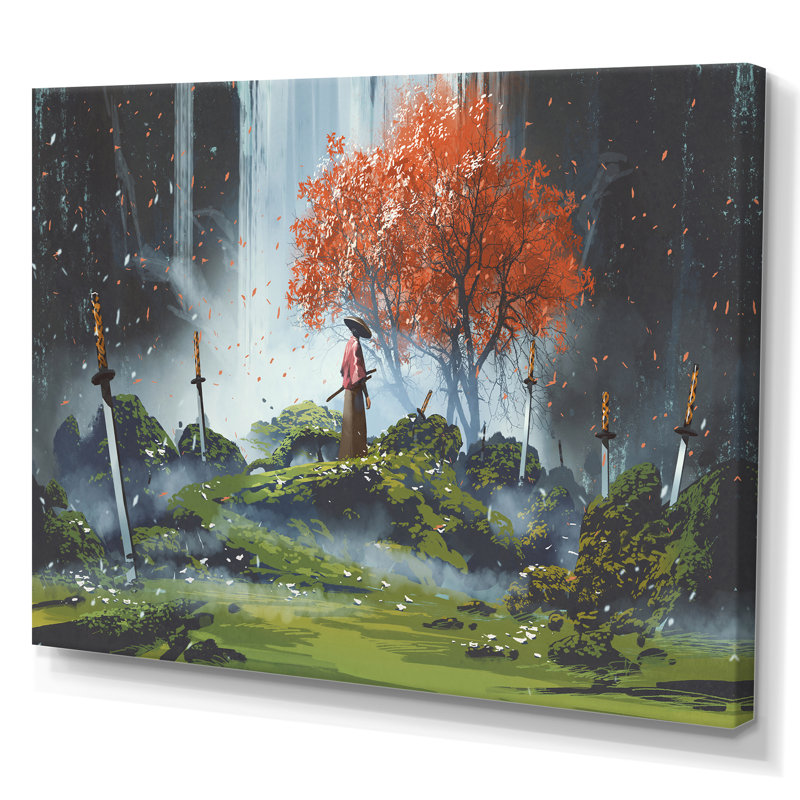 Samouraï debout dans un jardin en cascade avec des épées - reproduction sur toile, H 12 po x l 20 po x P 1 po, Toile tendue