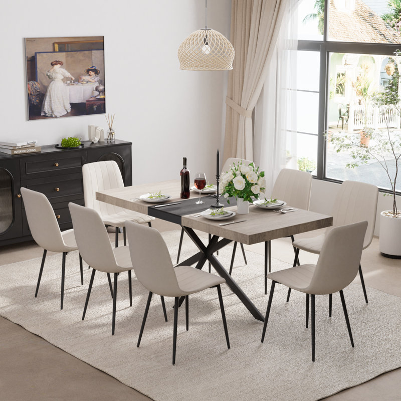 55-70in Rectangle Extendable Dining Table Set, Beige/Black, 9