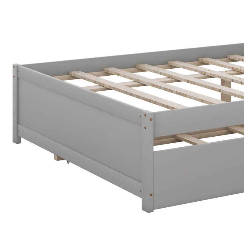 Full Size Platform Bed With Trundle, Wood Full Bed Frame With Bookcase And Headboard, Gray