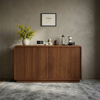Walnut 4-Door Fluted TV Stand with Power Outlet, Handleless Wave Design Entertainment Center