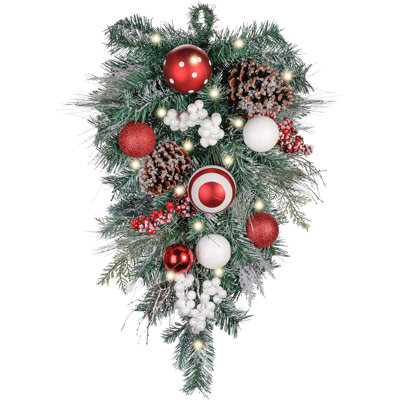  Pre-Lit Christmas Teardrop Swag for Decorating Outdoor, 24 Inch Red White Mailbox Swag Decoration with 20 LED Lights, Ball Ornaments for Front Door Stairway Window Shelf Xmas Decor