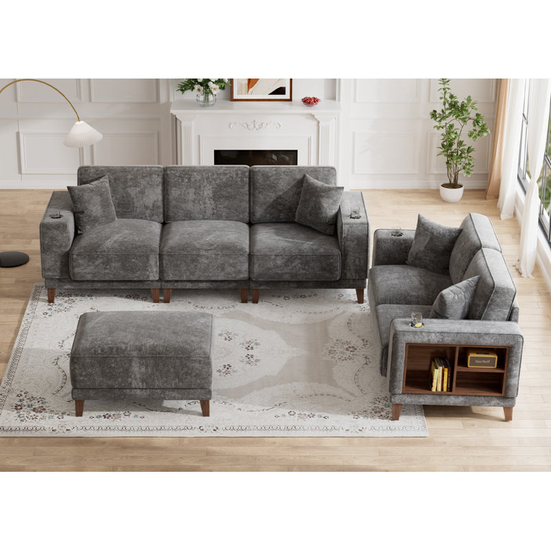 Ensemble de canapé modulaire avec rangement en chenille à compression et causeuse, Gris