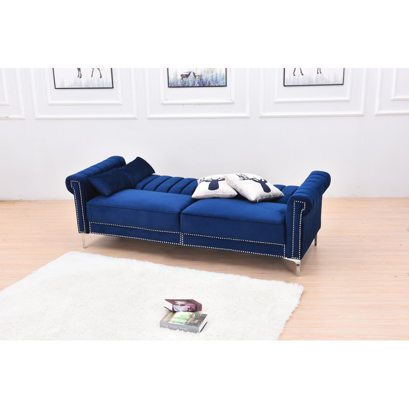 Twin 85'' Velvet Futon And Mattress, Blue