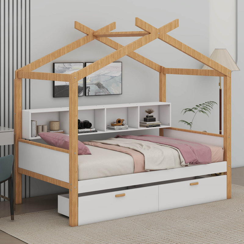  Lit avec deux tiroirs et espace de rangement pour bibliothèque Alajos, Lit simple
