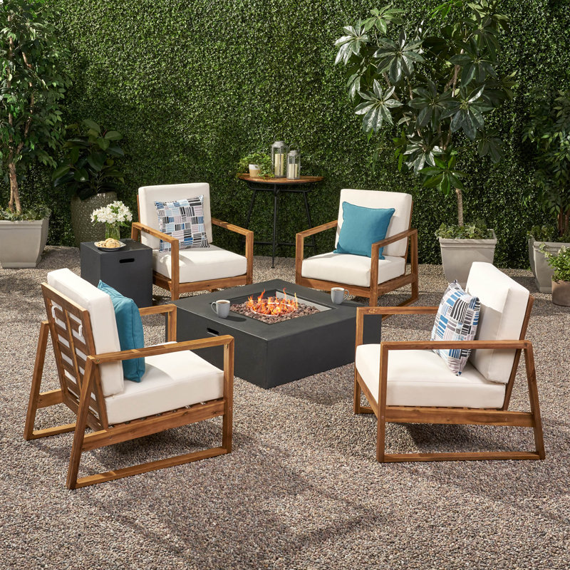 Acacia 4 - Person Patio Conversation Set with Cushions, Teak/Dark Gray Frame / Beige Cushion