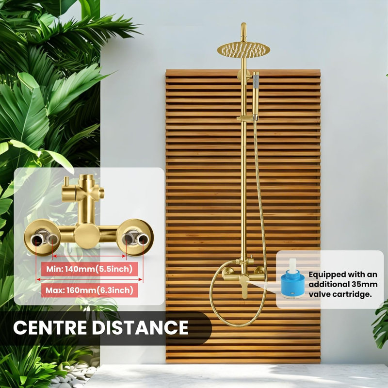 DIDADI 8 Inch Showerhead and Handheld Spray Combo, Outdoor Shower Fixtures SUS304 Stainless Steel Rain Shower Kit Faucet High Pressure Wall Mount 2 Dual Function, Single Handle, Brushed Gold