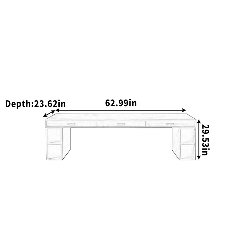 Armoire de bureau ouverte avec plusieurs tiroirs, H 29,53 po x l 62,99 po x P 23,62 po