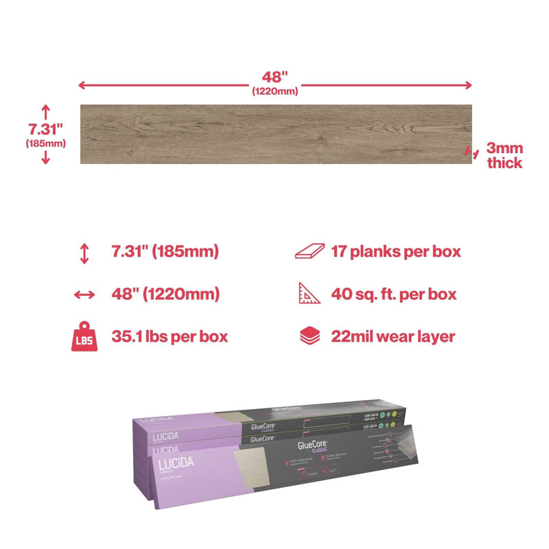GlueCore Classic 22mil x 7.3" W x 48" L Glue Down Vinyl Tile Flooring, Lava