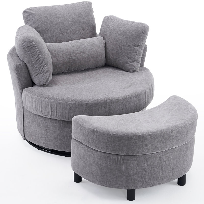 Swivel Armchair with Footstool, Grey Chenille