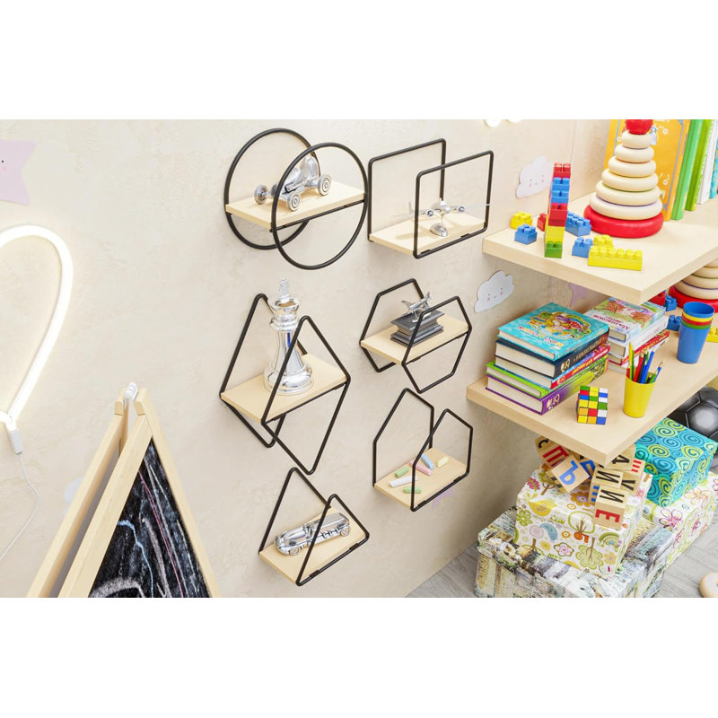 Set of 6 Geometric Wall Shelves – Floating Wooden Wall Decor