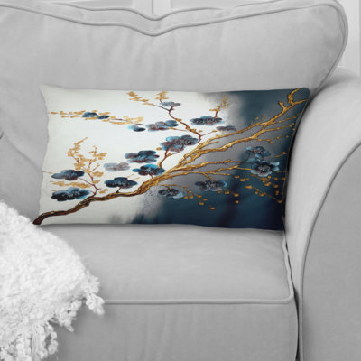 Blue Cherry Blossom Branch V - Tree Bonsai Printed Pillow