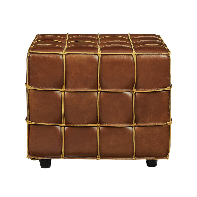 Genuine Leather Square Cube Ottoman Foot Stool, Dark Brown