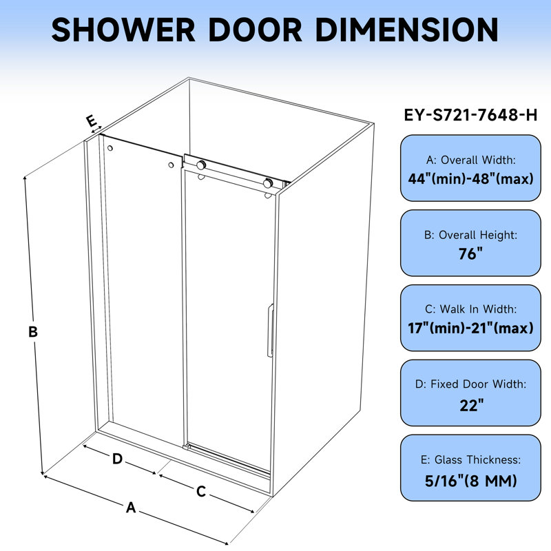 44"-48" W x 76" H Single Sliding Frameless Shower Door with 5/16" (8mm) Crystal Clear Tempered Glass, Silver