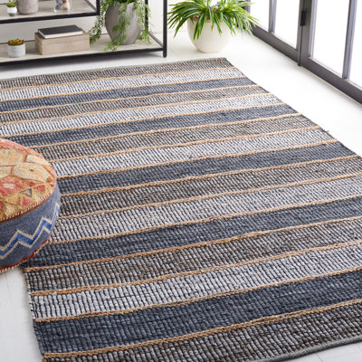 Gereline Vintage Leather Hand Woven Leather/Jute Striped Rug in Grey/Natural