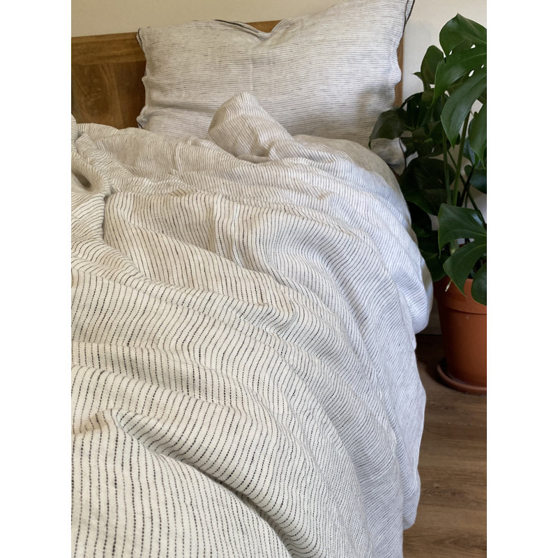 100% Linen Striped Duvet Cover Set with Pillowcases, Double, Ivory/Grey/Charcoal