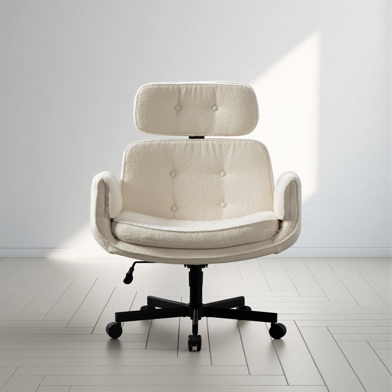 33.86"W Tilting Office Chair with Adjustable Armrest, Ivory, Teddy fleece