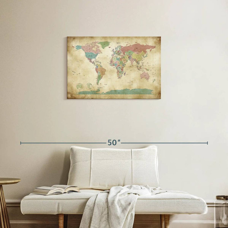 Carte politique du monde à l'ancienne Aliaz, H 20 po x l 30 po