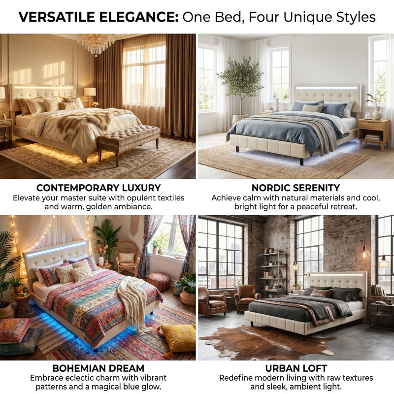 EU Double & King Floating Linen Bed Frame with Dual-Zone LED & USB Charging, Adjustable Tufted Headboard, Beige/Grey, 140/160x200cm