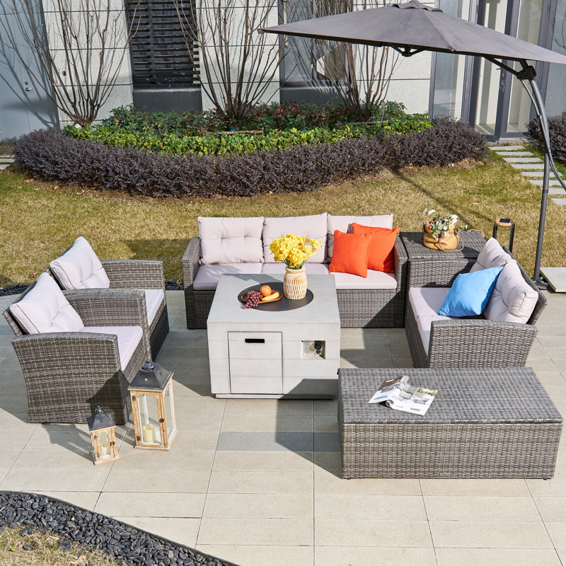 7-Piece Rattan Patio Sectional Sofa Set With Fire Pit Table