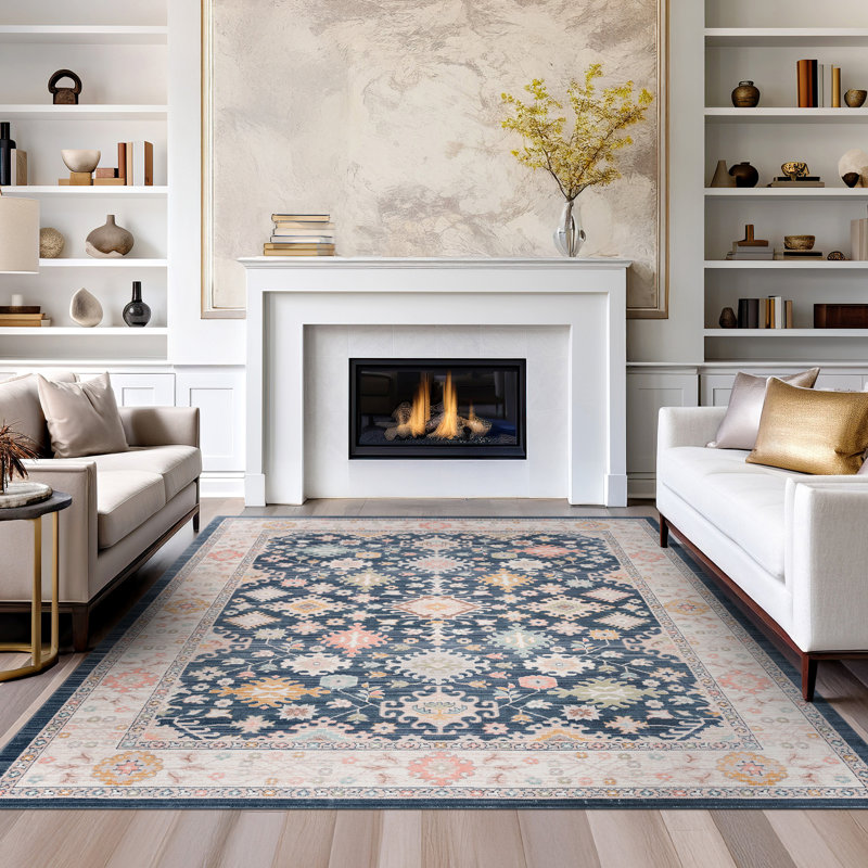 Ellen Traditional Oriental Navy Polyester Rectangle Area Rug, Rectangle 5' x 7'