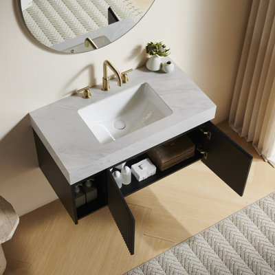 EIDEN 36' Bathroom Vanity&Sink, Floating Storage Cabinet, Carrara Grey Vein Sintered Stone Top&Ceramic Basin with 8'' widspread 3 Hole Holes,Disassembled, NO Faucet and Drain Set, Black Color
