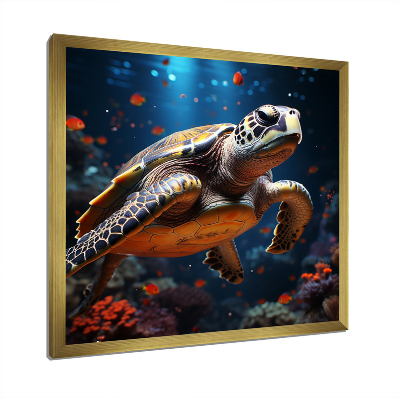 Cosmic Art Style Doting A Turtle - Tortue, décoration murale animal, Cadre doré simple, H 16 po x l 16 po x P 1 po