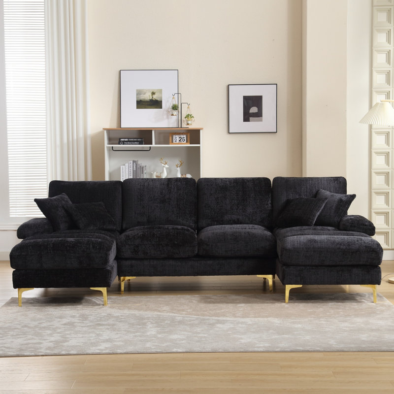 4 Seater Chenille Sectional, Black Chenille