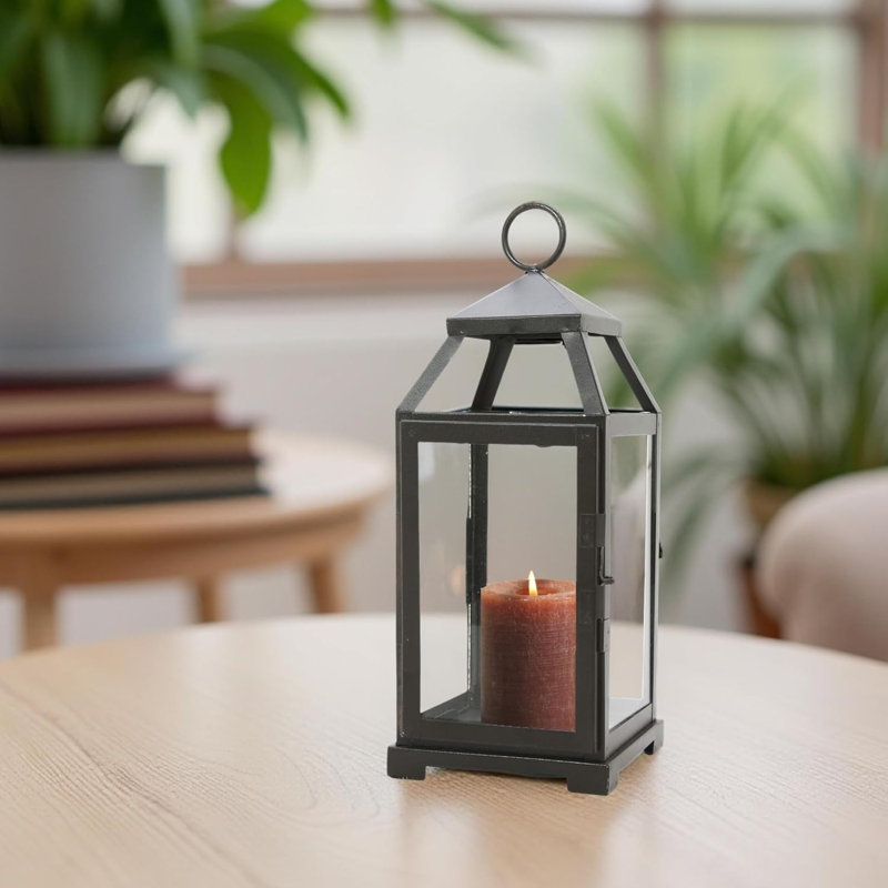 Hosley 14 Inch High Large Clear Glass Iron Classic Style Lantern Elegant Candle Holder for Home Decor Vintage-Inspired Centerpiece with Stylish Iron Frame Indoor/Outdoor Lighting Accent Timeless