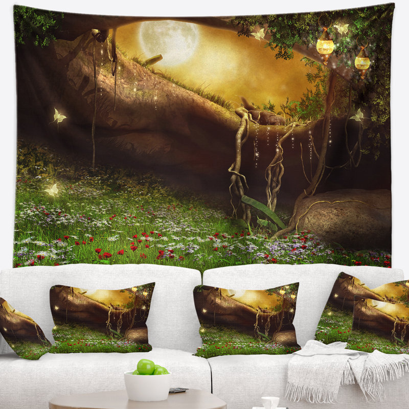 Paysage avec grotte enchantée et tapisserie, H 50 po x l 60 po