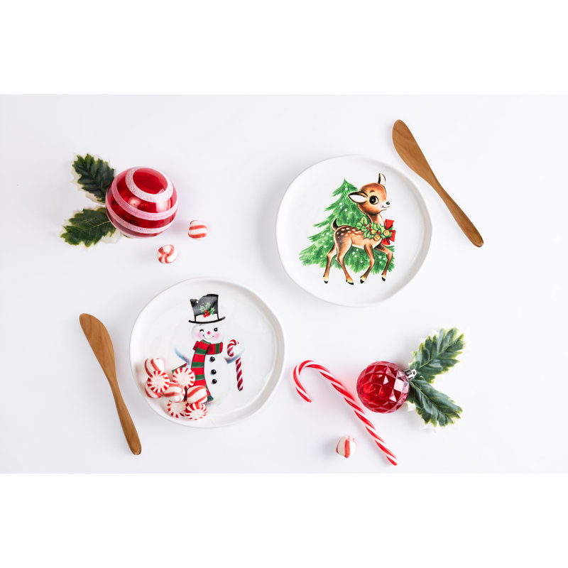 Assiettes plates en céramique blanche à motif bonhomme de neige de Noël (lot de 4)