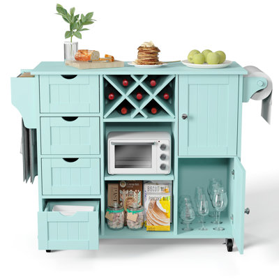 Kitchen Island With Drawer and liquor cabinet, Kitchen Cart With Spice And Towel Rack, Blue by Gracie Oaks