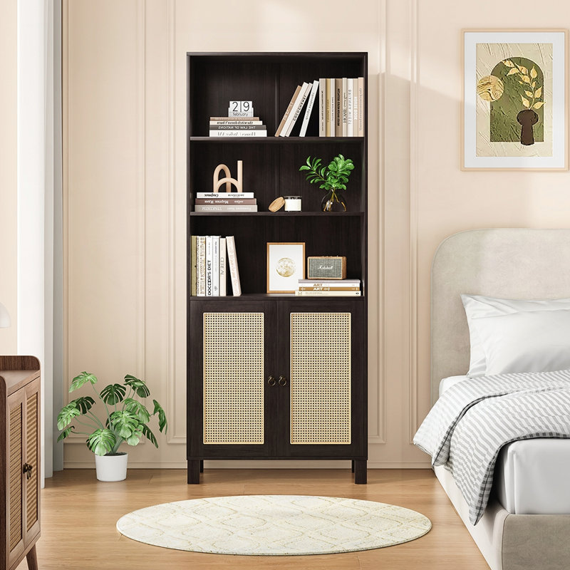 Stylish Rattan Doors Bookcase with Ample Storage, Versatile Design for Modern and Rustic Interiors., Walnut