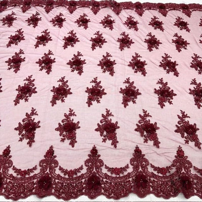 Burgundy Luxury 3D Floral Beaded Lace Fabric by the Yard, 55 Inch Wide Embellished Mesh with Pearls & Beads for Bridal Gowns & Veils - Valentina Textile Inc