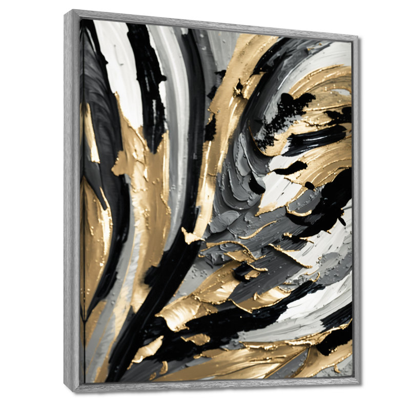 Rythme de plaisir abstrait noir et or I - peinture abstraite, art mural, H 32 po x l 16 po x P 1 po, Cadre argenté flottant