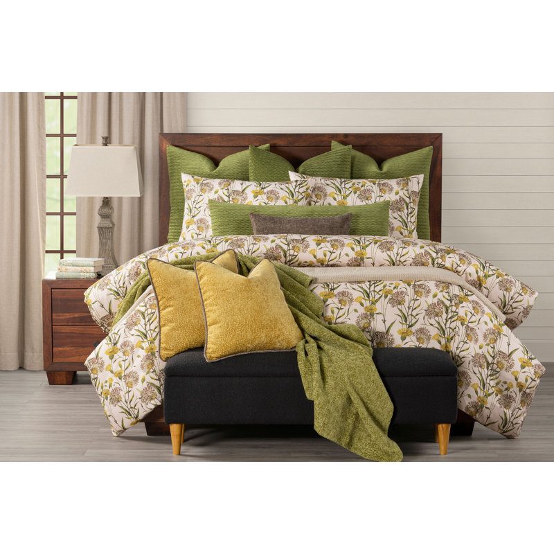Ensemble de housse de couette à imprimé fleurs jaunes, Housse de couette double et 2 taies décoratives s
