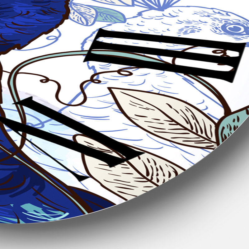 Deux paons bleus avec des fleurs sauvages - horloge murale traditionnelle, Surdimensionné