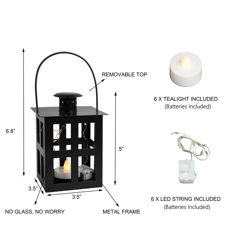 Lantern 6pcs Modern Farmhous Candle Lanterns Decorative with LED & String, Black