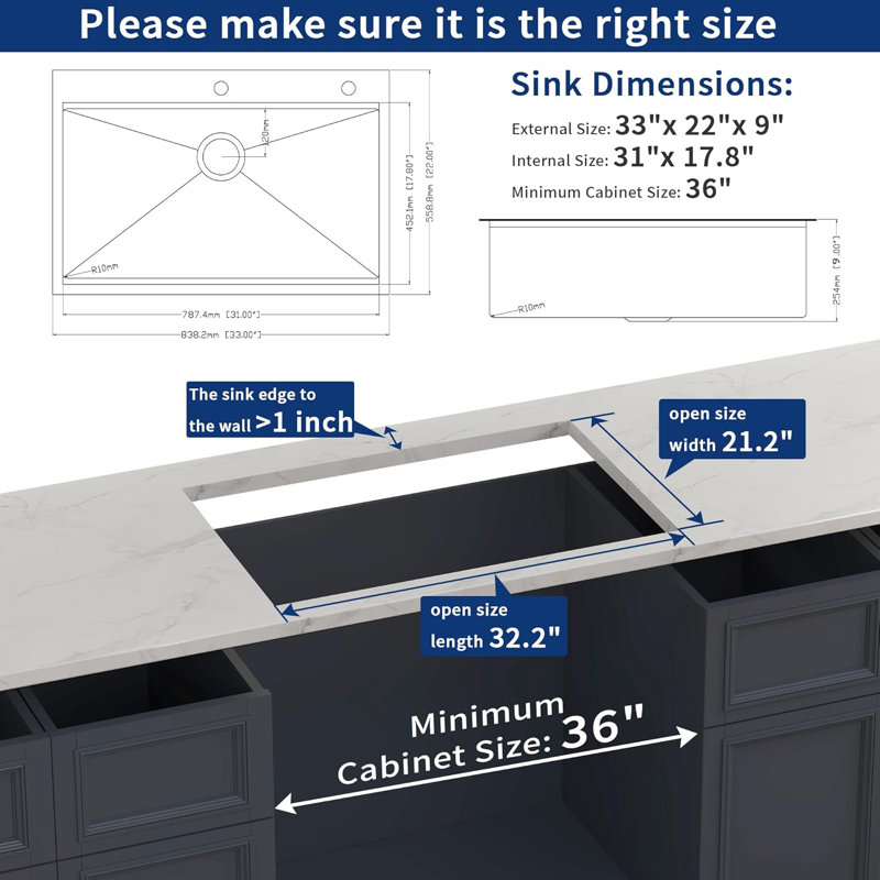 Évier de cuisine encastré 33 po x 22 po, évier de poste de travail en acier inoxydable 304t, cuve simple avec rebord intégré