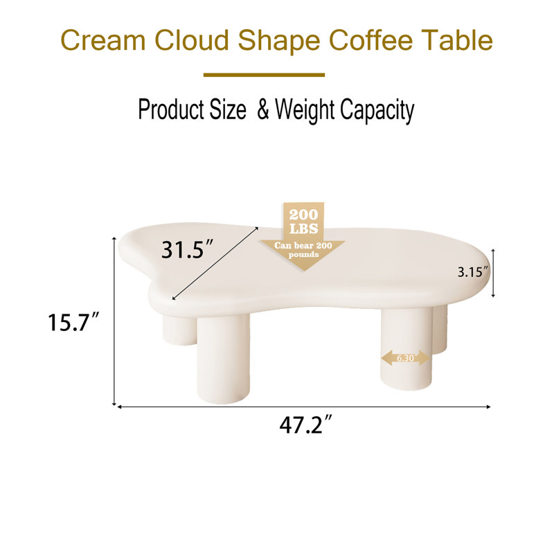 47 Inches Cloud Coffee Table with 4 Legs for Living Room, White