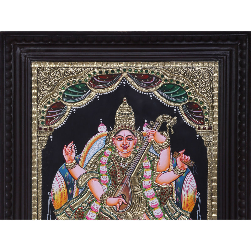 Déesse Saraswati Tanjore, peinture | Couleurs traditionnelles avec or 24 carats | Structure en bois de teck | Fait à la main