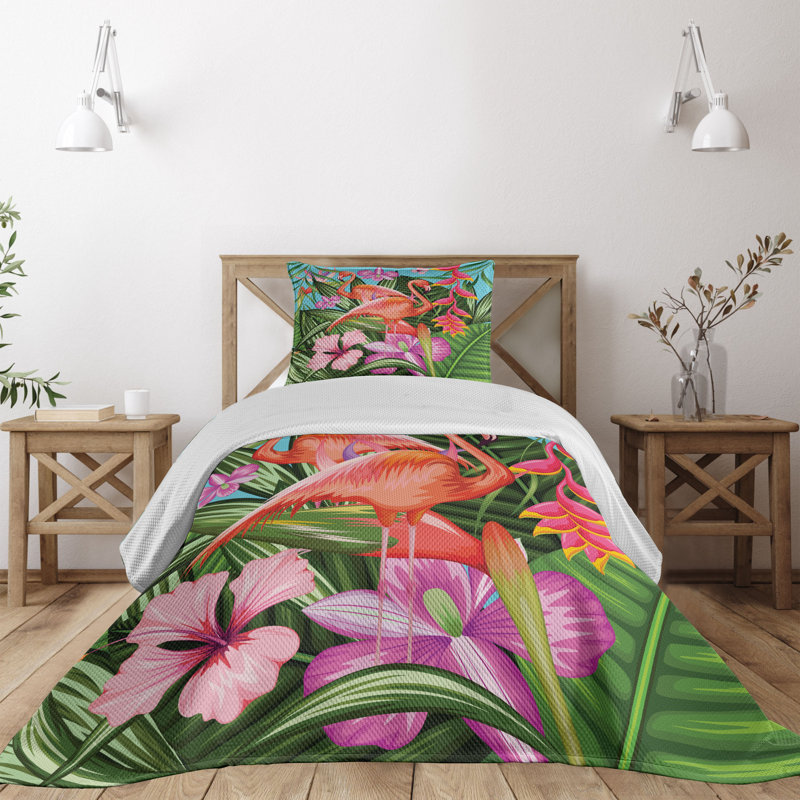 Tropical Flamingo Green Polyester Twin Bedspread Set