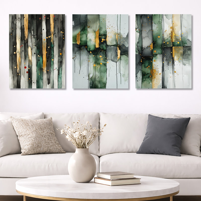 «Gold Green Ethereal Optic I», impression d'art mural moderne à 3 panneaux, H 32 po x l 72 po